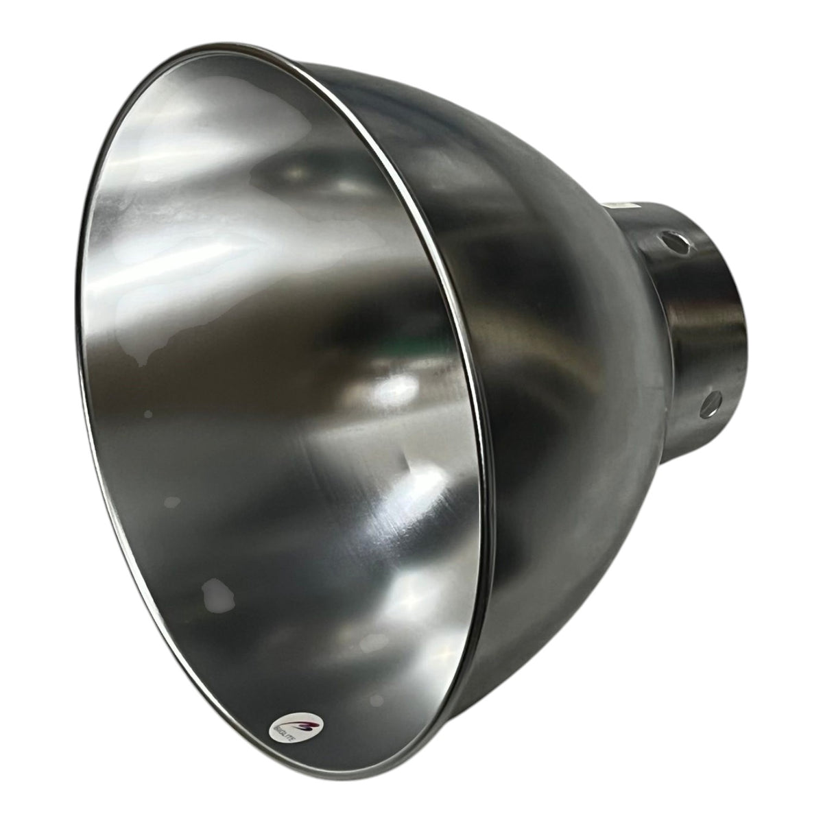 A large industrial dome-shaped metal reflector, likely for a spotlight or floodlight, made of brushed stainless steel, shown on a plain white background.