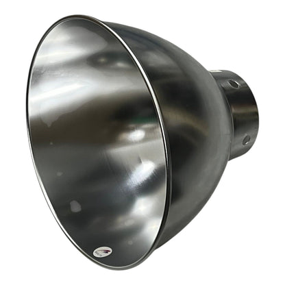 A large industrial dome-shaped metal reflector, likely for a spotlight or floodlight, made of brushed stainless steel, shown on a plain white background.