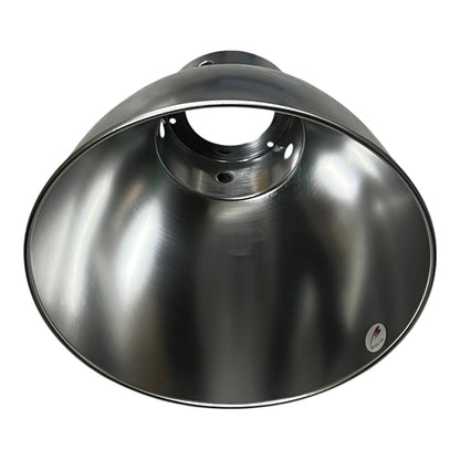 A brushed metal dome-shaped industrial light fixture shade on a solid white background.