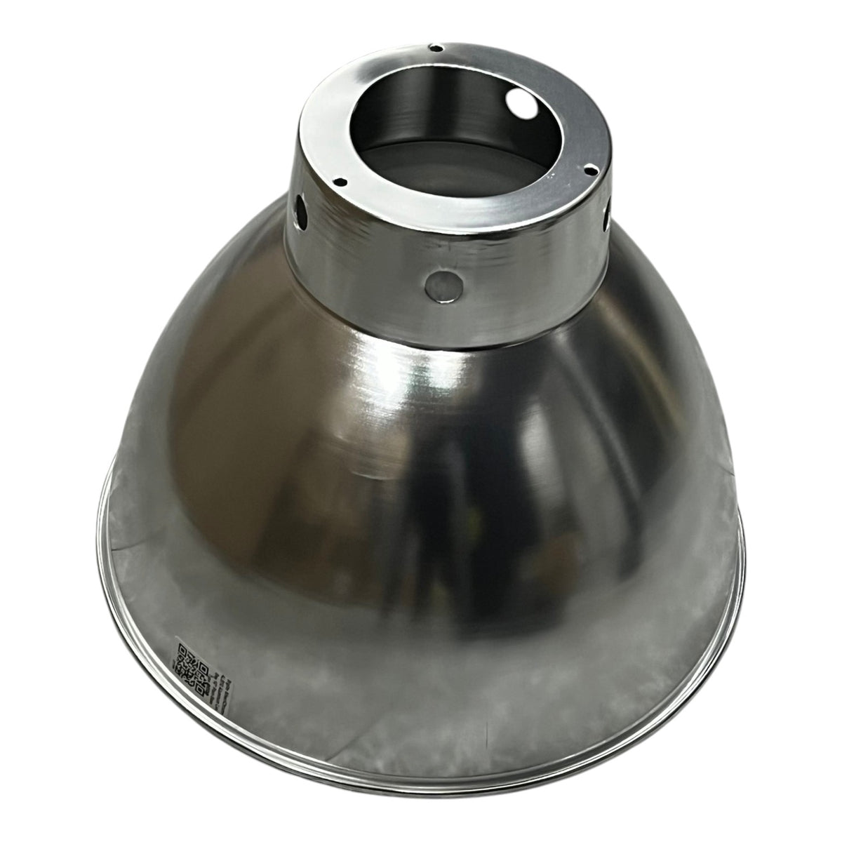 A brushed metal dome-shaped light fixture reflector with a circular mounting collar and pre-drilled holes, shown on a plain white background.