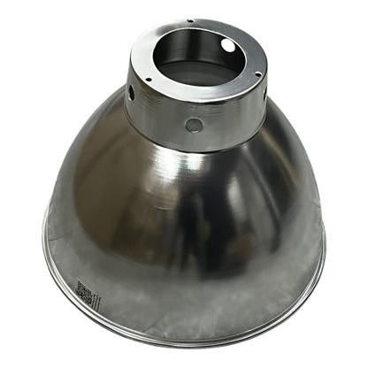 A brushed metal dome-shaped light fixture reflector with a circular mounting collar and pre-drilled holes, shown on a plain white background.