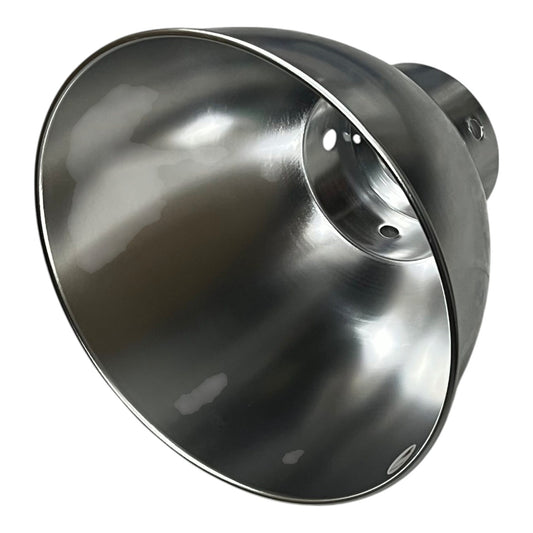 A brushed metal industrial pendant light fixture with a wide, flared dome shade and a mounting collar, shown on a plain white background.