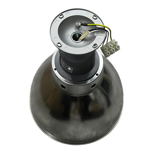 A replacement metal lamp shade and motor assembly for a ceiling fan, featuring a brushed silver metal cone shade, a black motor core, and a silver top hub with attached wiring.