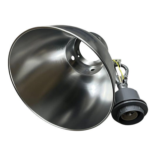 A large industrial pendant light with a wide, deep brushed metal dome shade and a dark gray socket housing with attached wiring, shown on a plain white background.