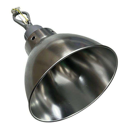 A heavy-duty industrial pendant light with a large, deep dome shade in brushed steel, featuring a mounting bracket and wiring at the top, shown against a plain white background.
