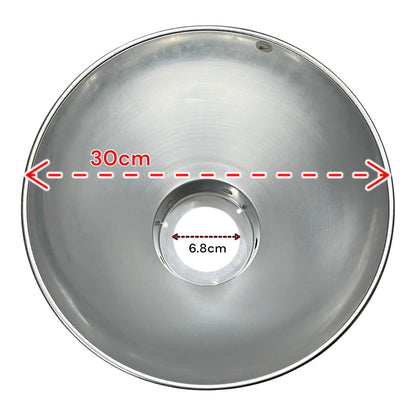 Top-down view of a round brushed metal lampshade or light fixture bowl with red dashed measurement overlays indicating a 30 cm diameter and a 6.8 cm center opening.