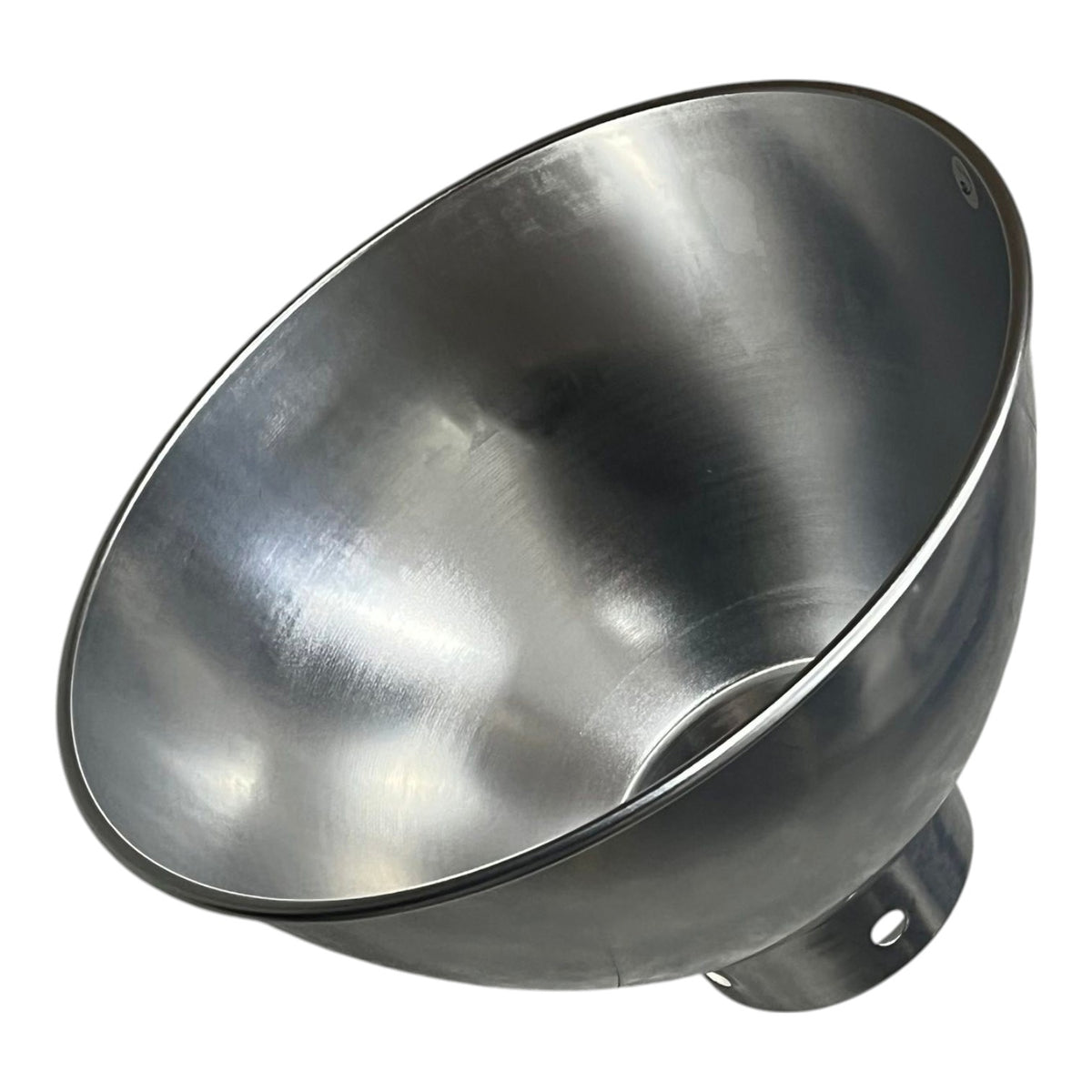 A brushed metal reflector bowl, likely made of aluminum or stainless steel, shown at an angle on a plain white background.