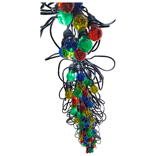 String of colorful Christmas lights on a white background