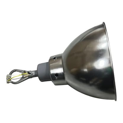 A heavy-duty industrial pendant light with a large, dome-shaped metallic silver reflector, a gray mounting collar, and a wire harness with yellow and green wires on a plain white background.