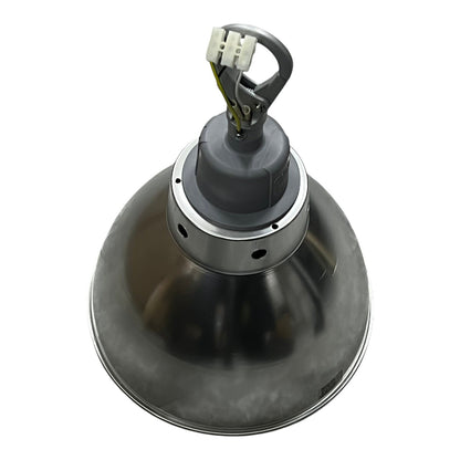A large dome-shaped metal light fixture with a dark gray central motor housing, silver metallic rim, and a white plastic connector at the top, isolated on a white background.