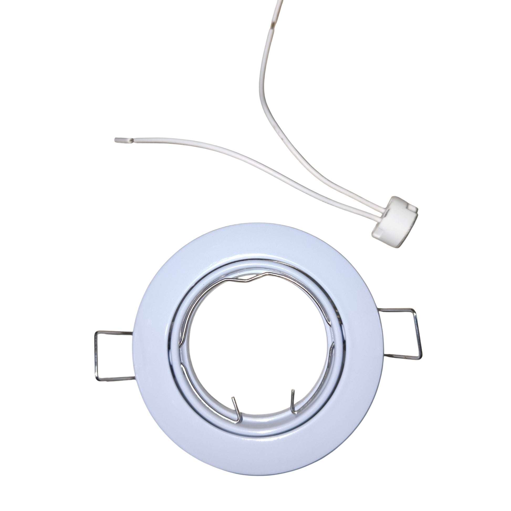 Round white light fixture with wiring on a white background