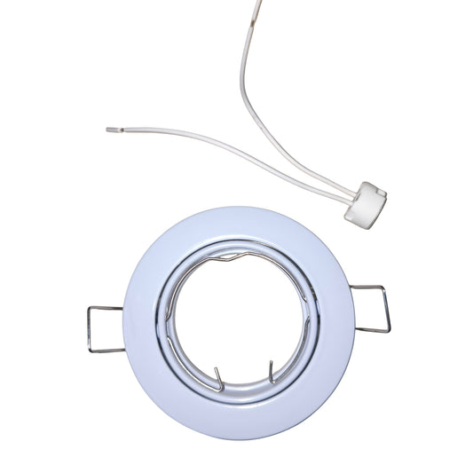 Round white light fixture with wiring on a white background