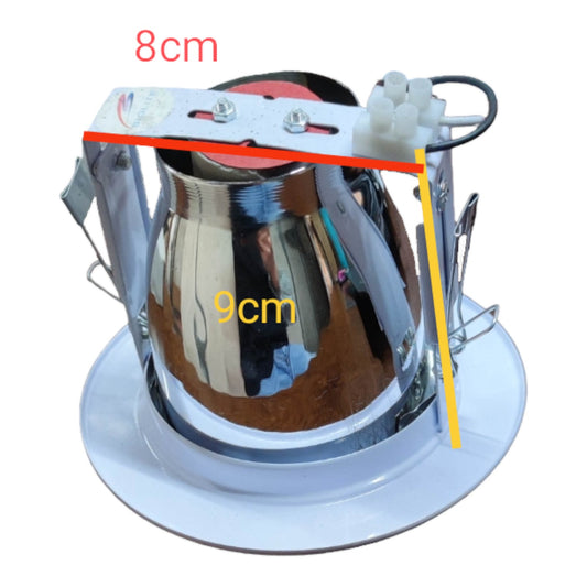Metallic light fixture with measurements on a white background