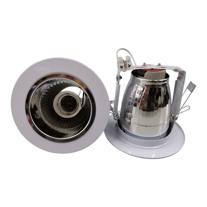 Metallic ceiling light fixture with reflective interior on a white background