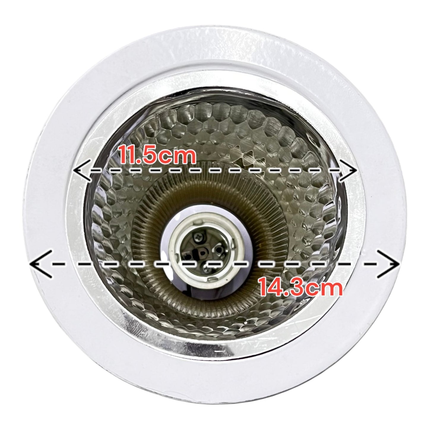 Close-up of a kitchen sink drain with measurements indicated