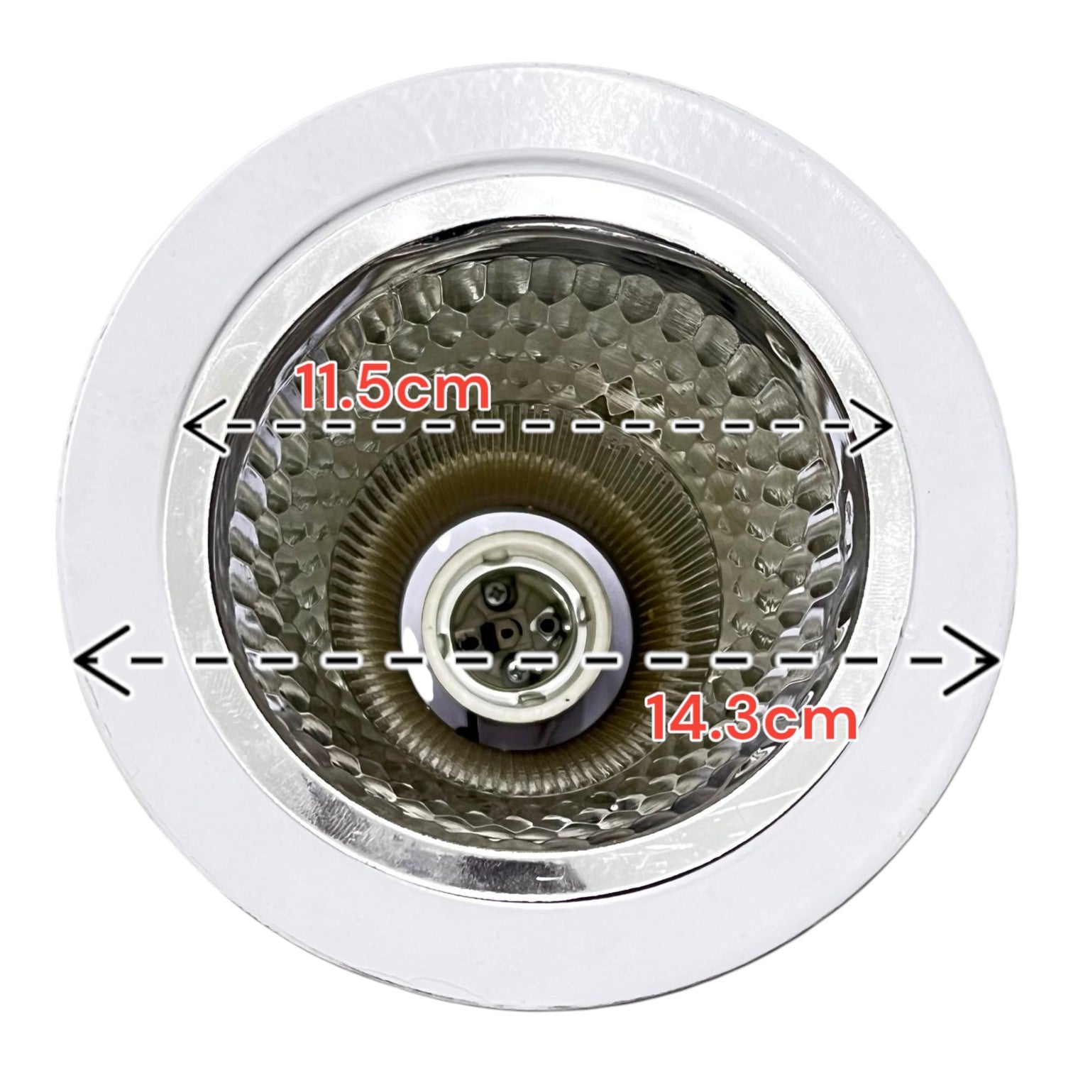 Close-up of a kitchen sink drain with measurements indicated