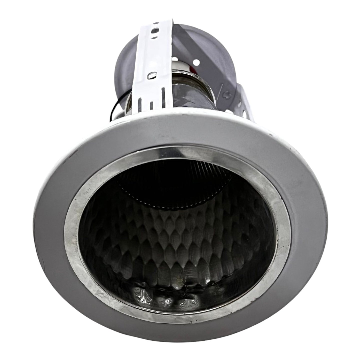 Silver recessed ceiling light on a white background