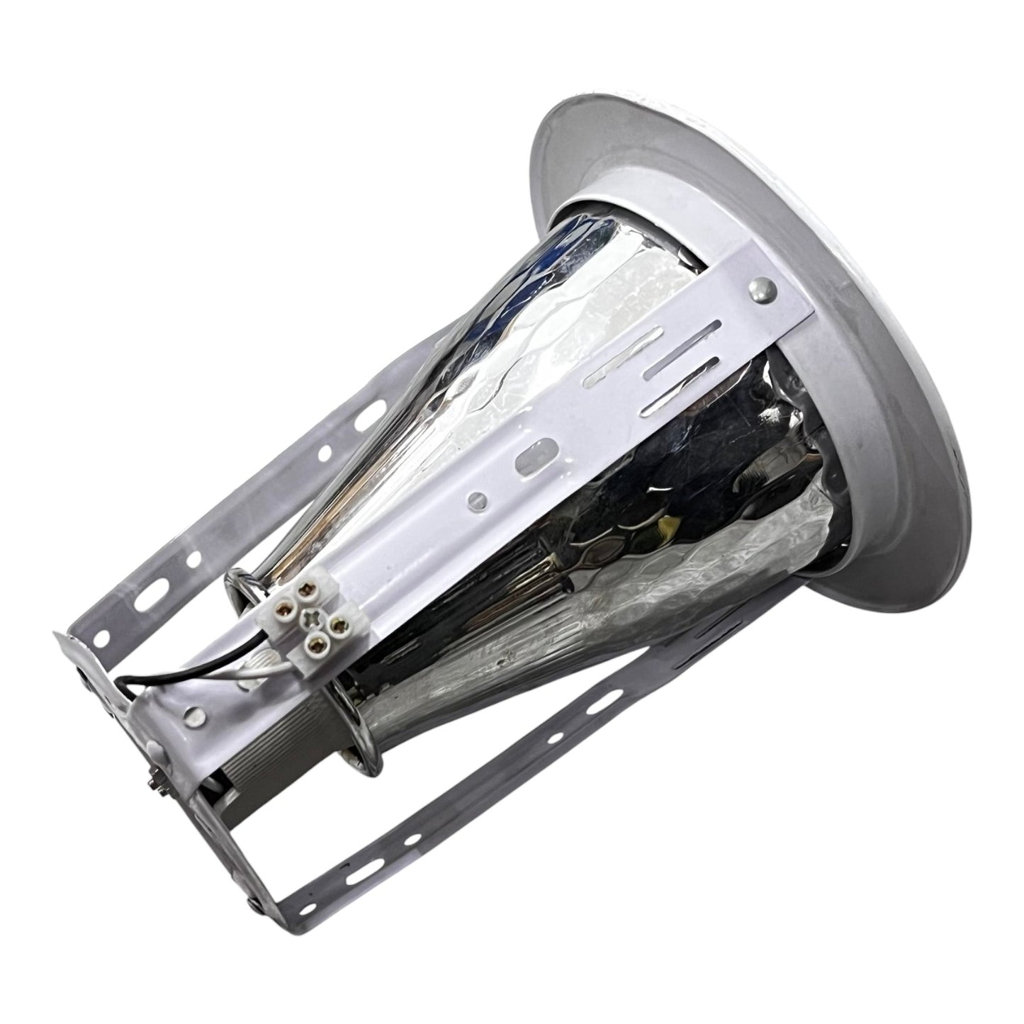 Close-up of a high-pressure sodium (HPS) lamp on a white background