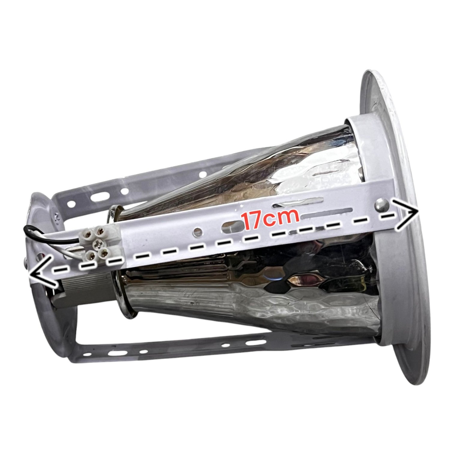 Metallic object with a scale label on a white background