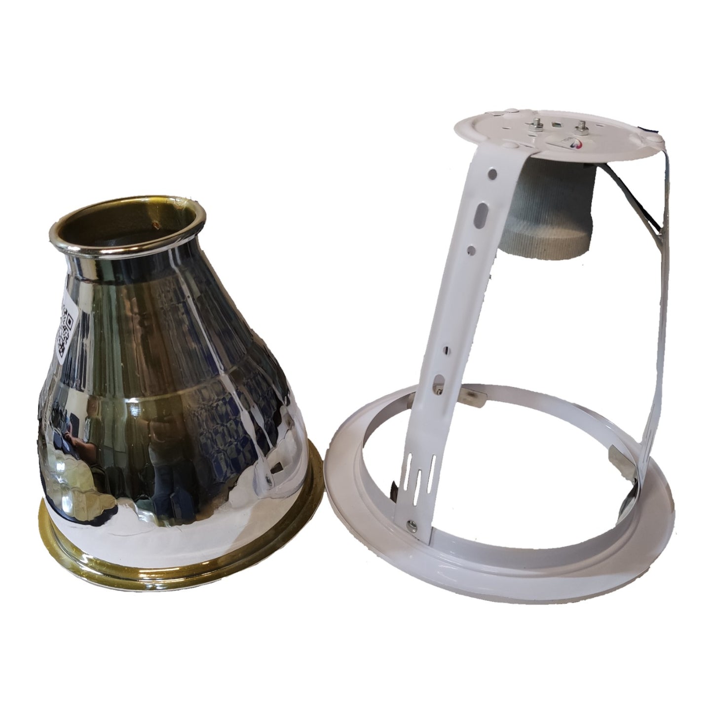 Metallic lampshade and white metal stand on a white background