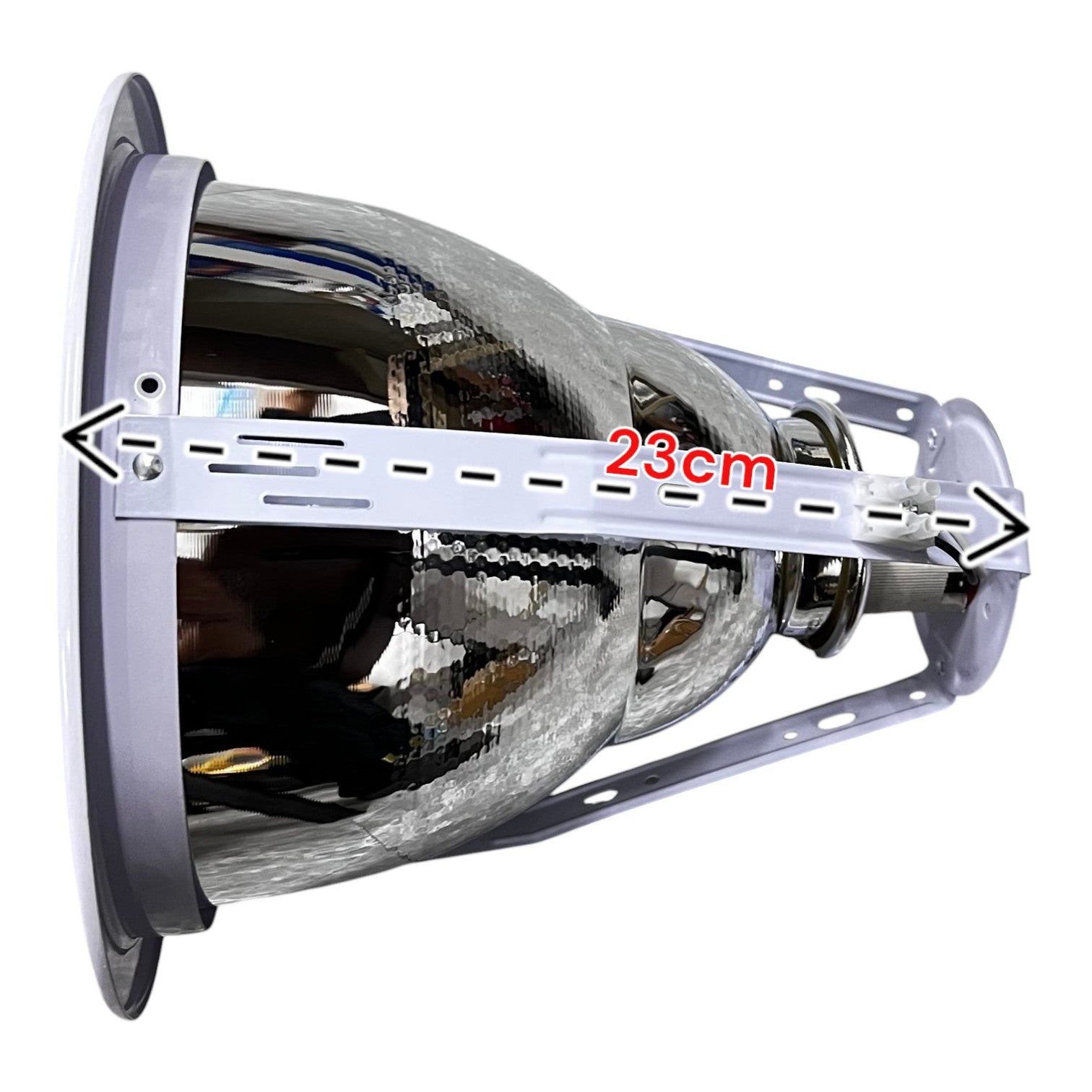 Car headlight with a measurement label indicating 23cm on a white background