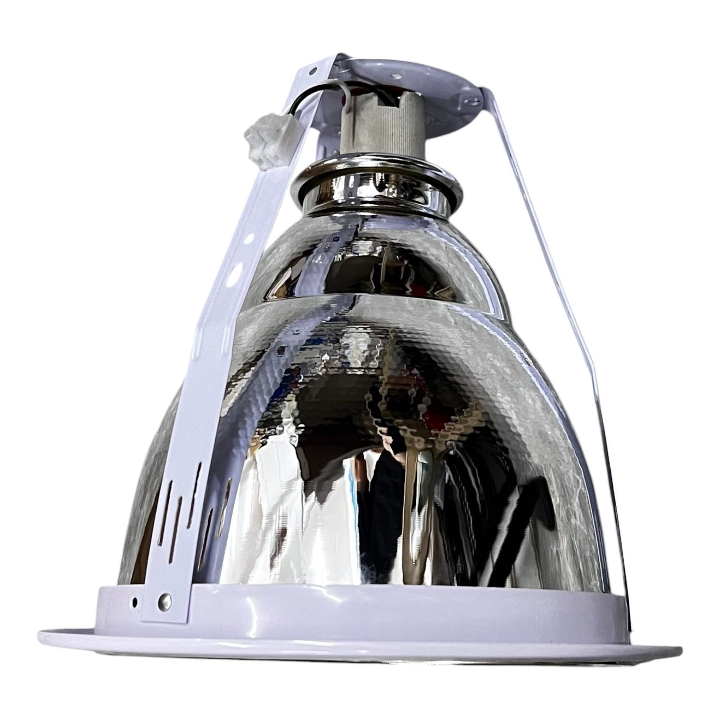 Metallic lampshade with reflective surface on a white background
