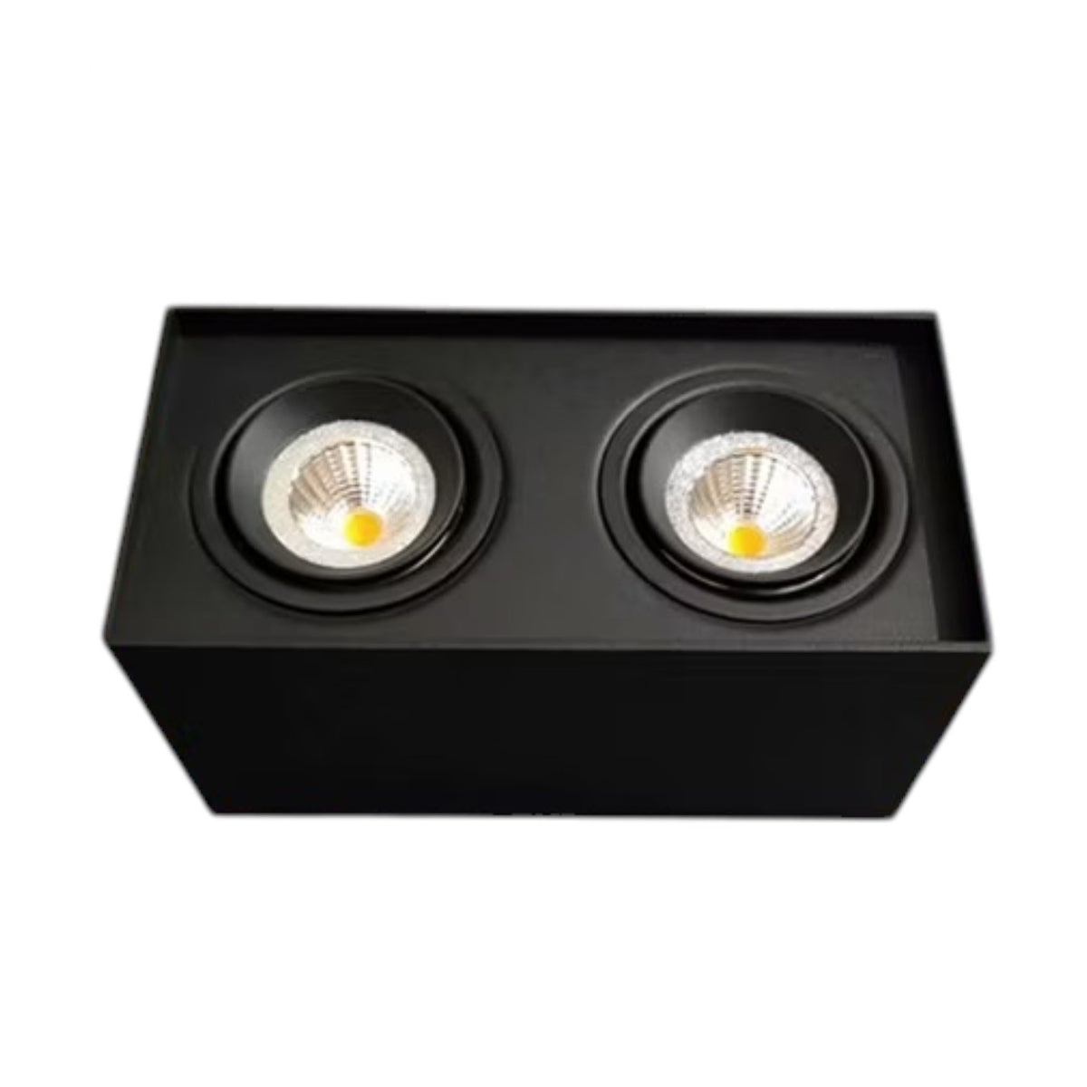 A black rectangular dual-light recessed ceiling fixture with two round LED spotlight heads, shown against a plain white background.
