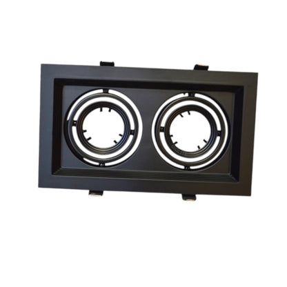 A black rectangular dual-light recessed ceiling fixture with two circular light housings, shown against a plain white background.