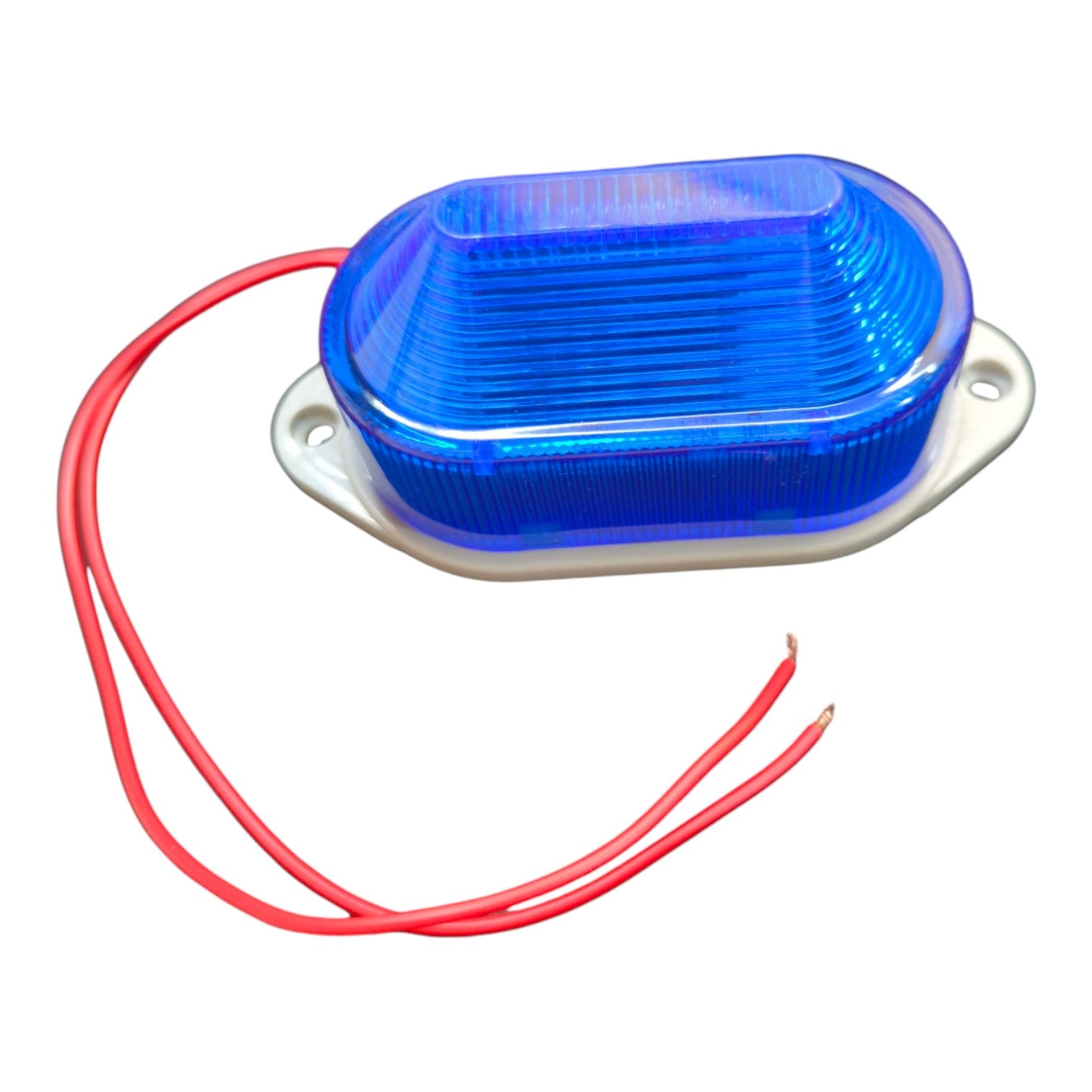 Blue LED light with red wire on a white background