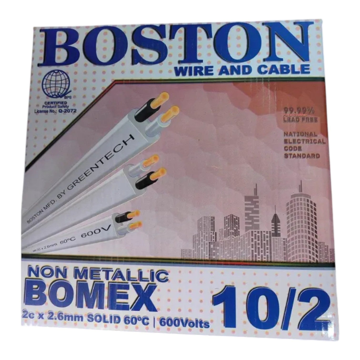 Boston Wire and Cable 10/2 Non Metallic Bomex cable in its original retail packaging, featuring Greentech brand cables on the box front.