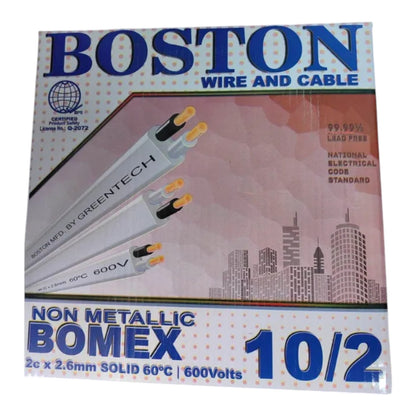 Boston Wire and Cable 10/2 Non Metallic Bomex cable in its original retail packaging, featuring Greentech brand cables on the box front.