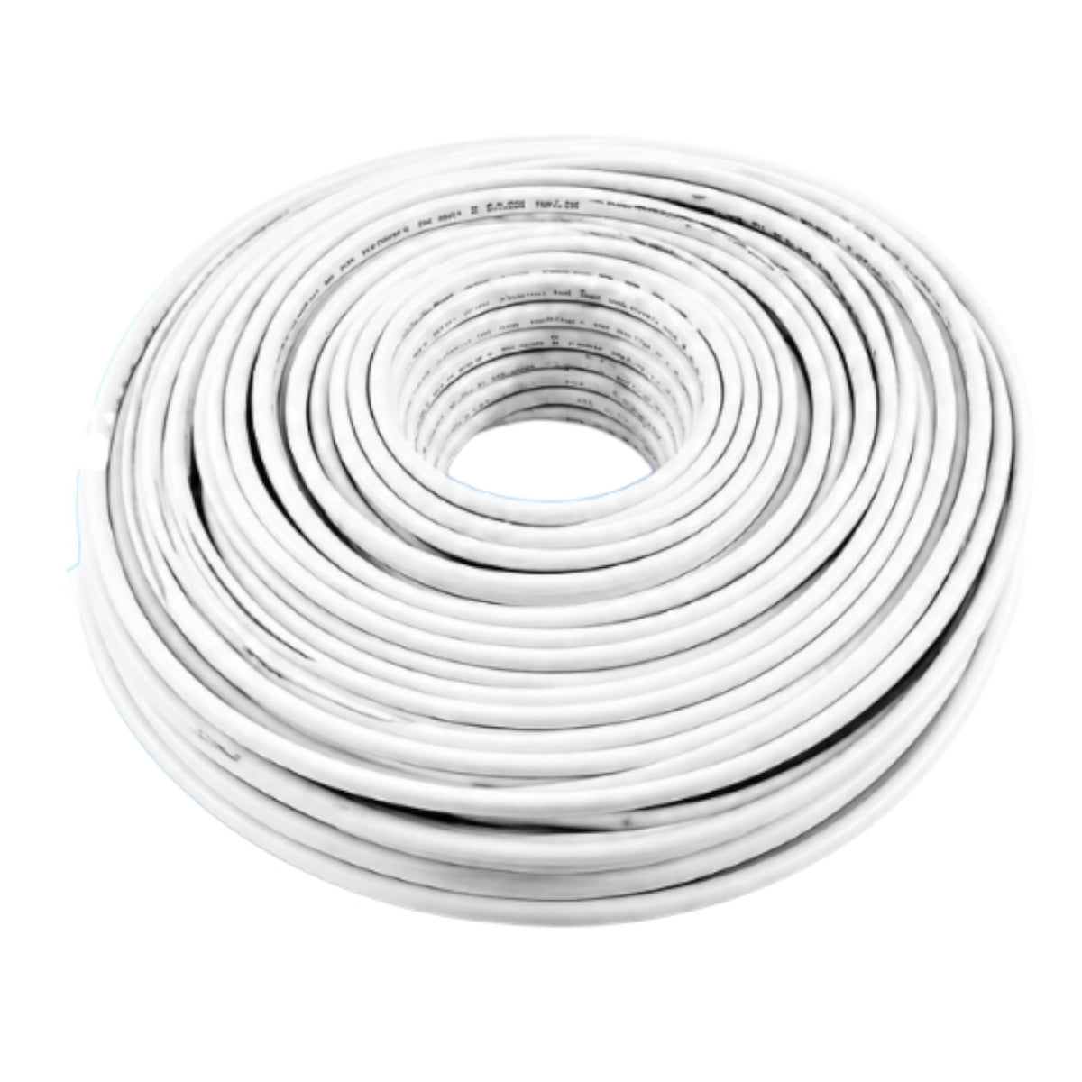 A coiled roll of white cable or wire on a plain white background.