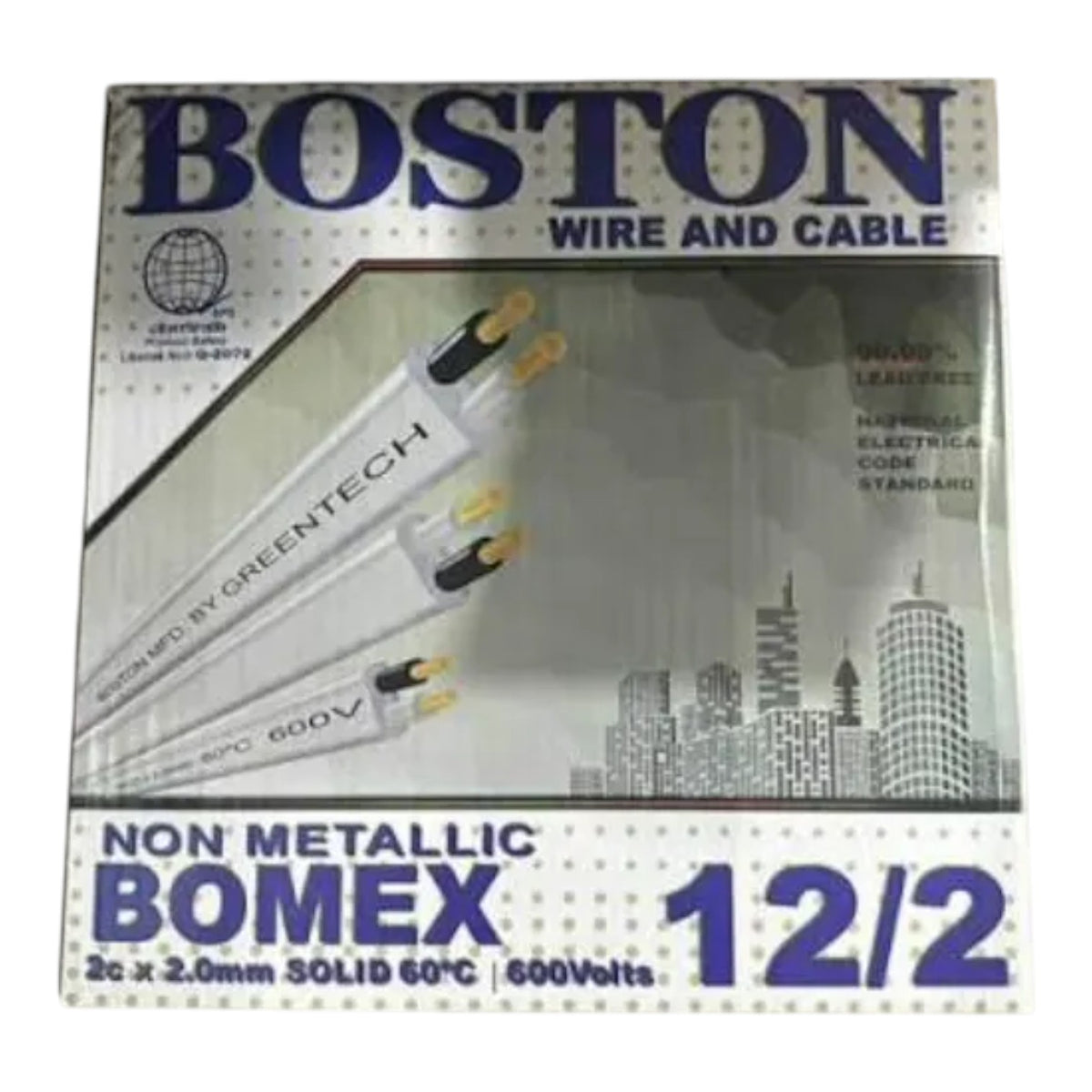 Boston Wire and Cable non-metallic BOMEX 12/2 cable packaging, featuring three white cables with black and gold tips on a silver and blue box.