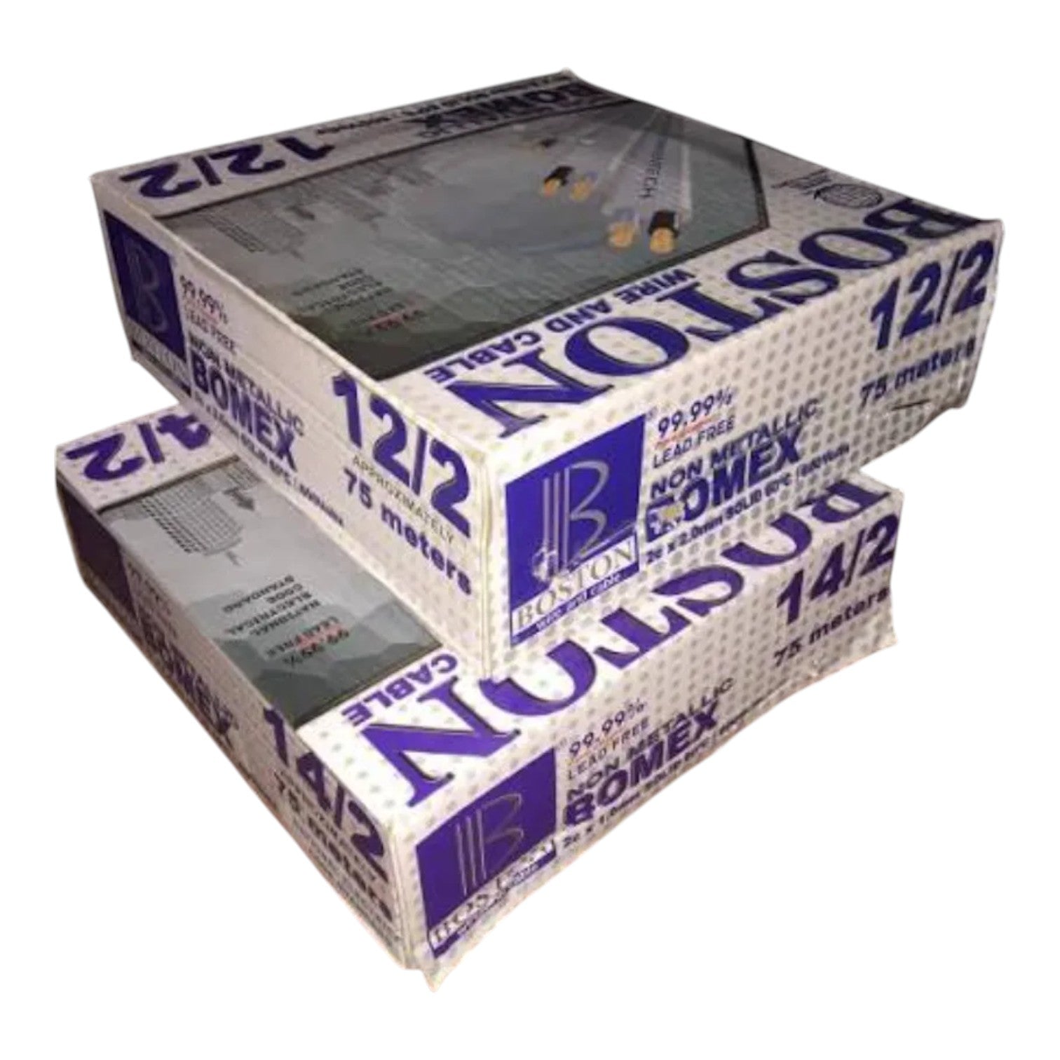Two stacked boxes of Boston Electric Wire and Cable 12/2 NMFA Free Comex 75 grams, shown on a plain white background.