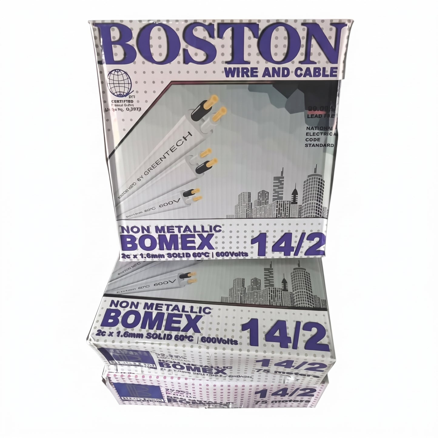 Three stacked boxes of Boston Wire and Cable Non Metallic Bomex 14/2 cable on a plain white background.