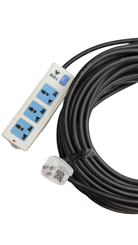 Extension Cord 3 Gang Universal Outlet 10A with long black cable and white power strip by Bull