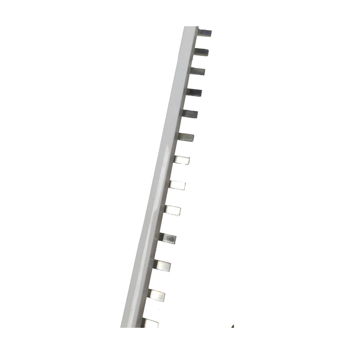 A long, narrow silver metal strip with repeated small rectangular tabs or clips along one side, shown diagonally on a plain white background.