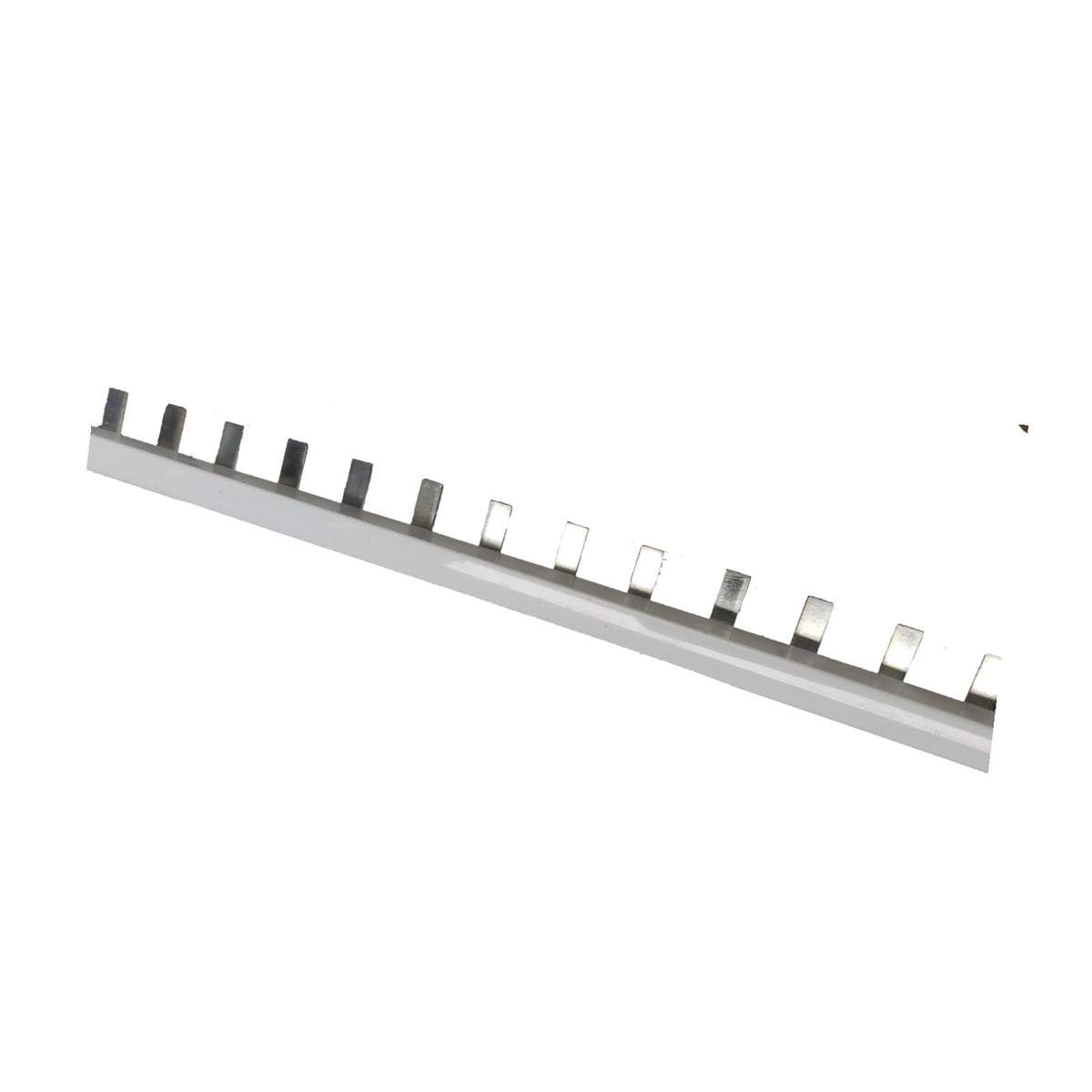 A long, narrow silver metal strip with multiple small rectangular dark and clear tabs along its top edge, shown diagonally on a plain white background.