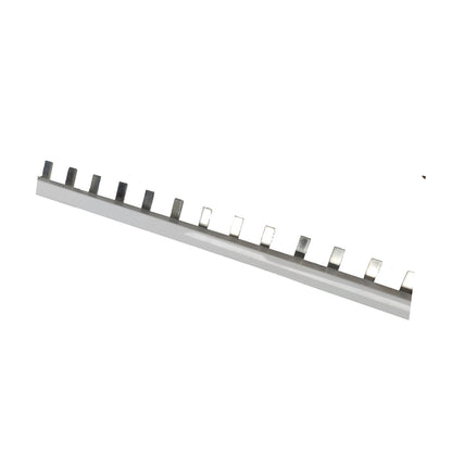 A long, narrow silver metal strip with multiple small rectangular dark and clear tabs along its top edge, shown diagonally on a plain white background.