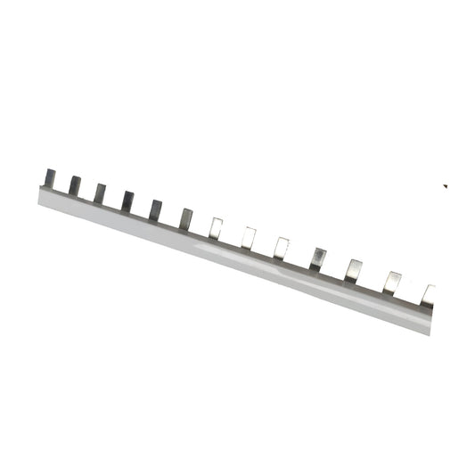 A long, narrow silver metal strip with multiple small rectangular dark and clear tabs along its top edge, shown diagonally on a plain white background.