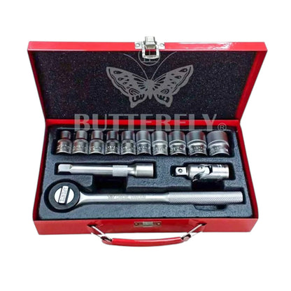 A 10-piece socket wrench set in a red metal carrying case with a black foam insert. The set includes a ratchet, multiple sockets, and extension bars, all in polished silver metal.