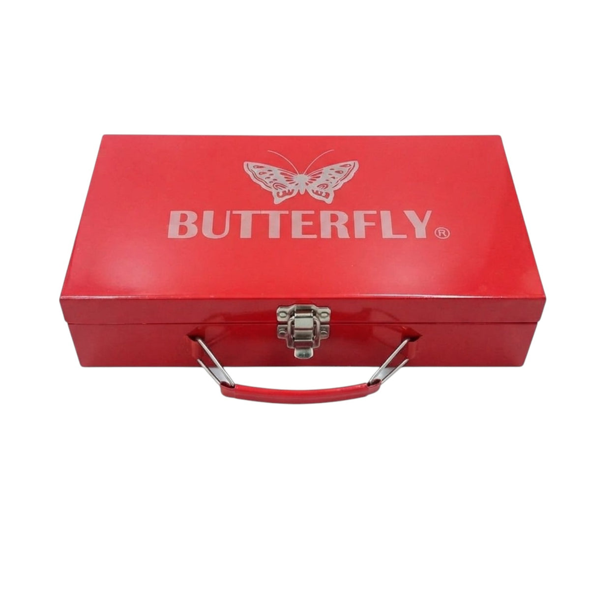A red rectangular carrying case with a silver butterfly logo and the word 'BUTTERFLY' printed on the lid, featuring a silver latch and a red handle, shown on a white background.