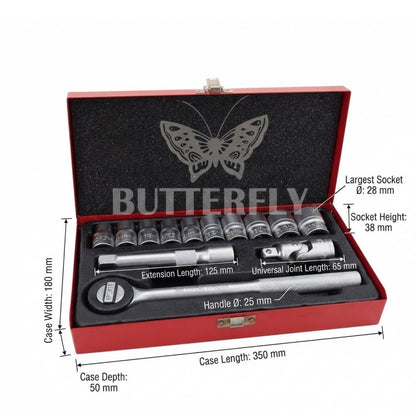 Open red metal socket wrench set in a presentation case with black foam insert, shown with dimension callouts and labels for case size and tool measurements. The case has a butterfly emblem and the brand name BUTTERFLY across the front.