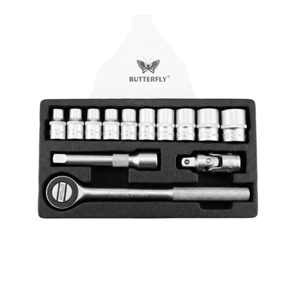 A 10-piece socket wrench set by Butterfly, including a ratchet handle, socket extensions, and a 10mm socket, presented in a black foam tray with the brand logo printed above.