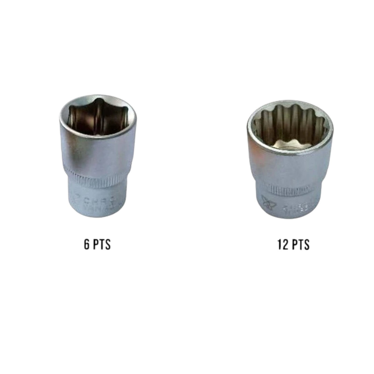 Two metallic socket tools on a white background, labeled '6 PTS' and '12 PTS' underneath. The sockets appear to be hex and 12-point sockets, shown as replacement parts.