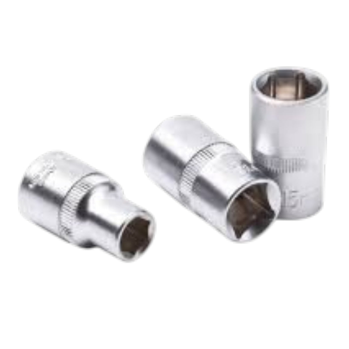 Three metallic socket tools with hexagonal openings, arranged on a plain white background.