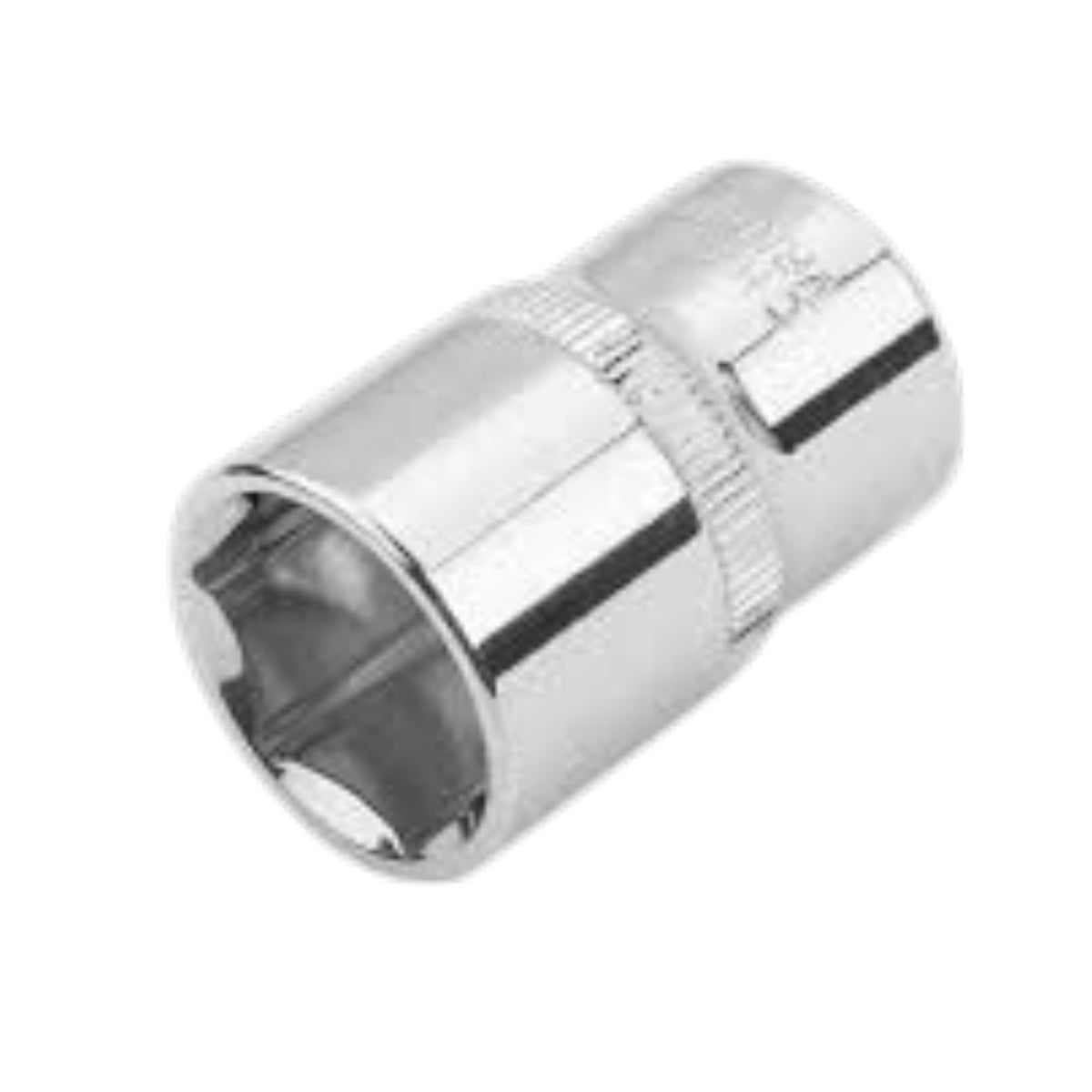 A polished chrome socket tool with a knurled ridge and a hexagonal opening, shown on a plain white background.
