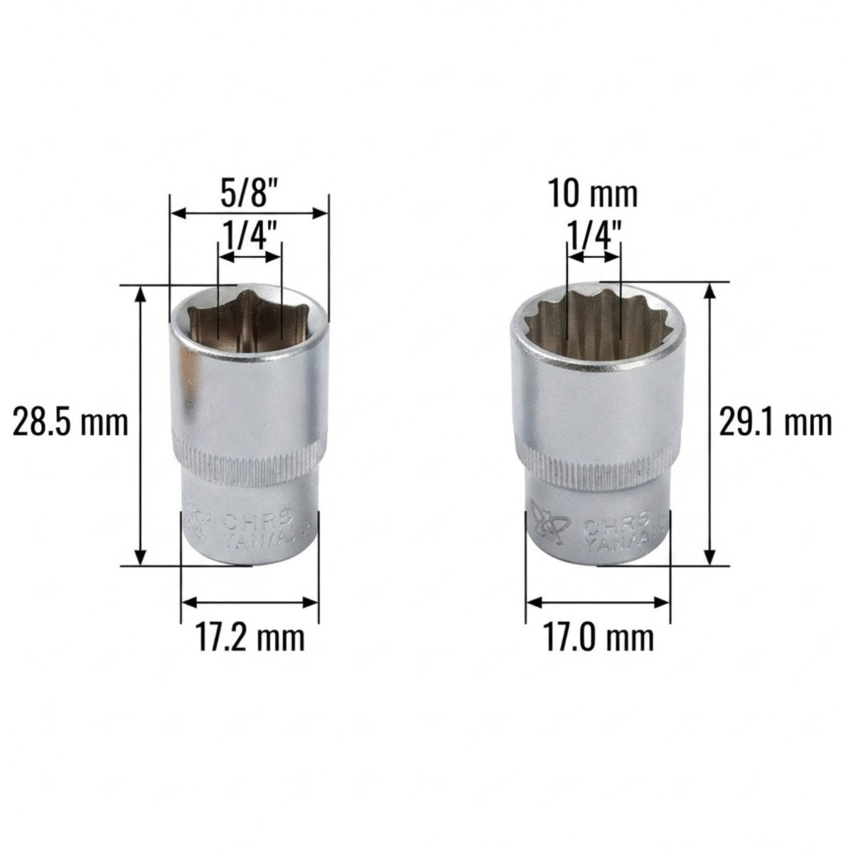 Two metallic socket tools shown on a white background with dimension callouts and measurement lines indicating sizes 5/8 inch, 10 mm, 17.2 mm, and 29.