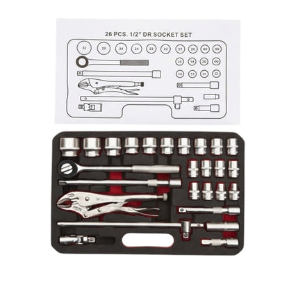 A 26-piece 1/2-inch driver socket set displayed in an open black plastic case, with a white instruction sheet above showing the included tools and sizes.