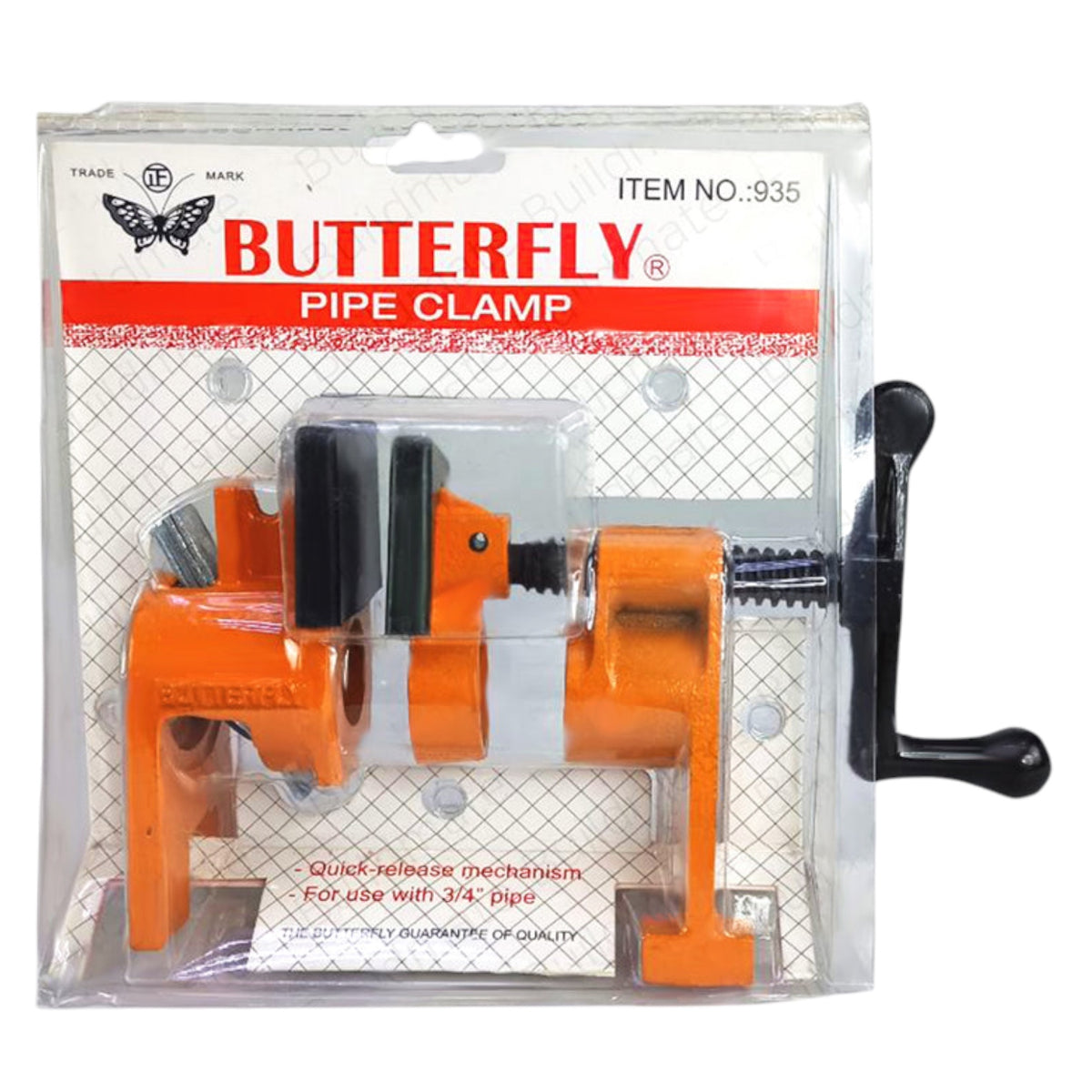 An orange butterfly pipe clamp in its original clear plastic packaging with a white and red header card. The clamp features a bright orange body, a black handle, and a black quick-release lever.